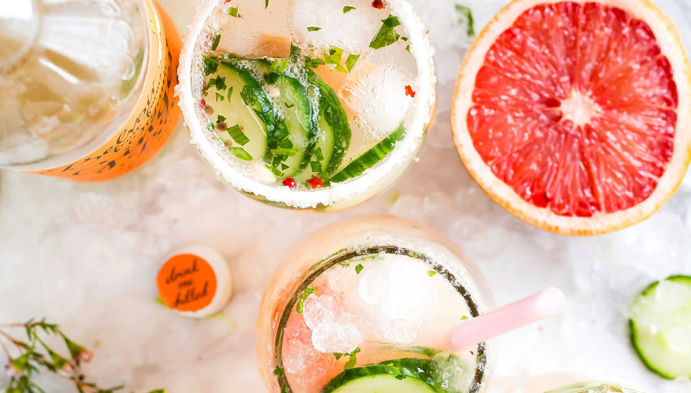 Colorful drinks and fruits